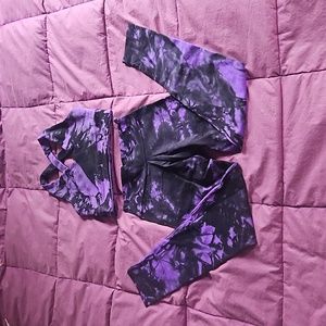 Black & Purple Tie-dye Margarita Leggings & Wrap / Cross bk Bra Top Set Size M